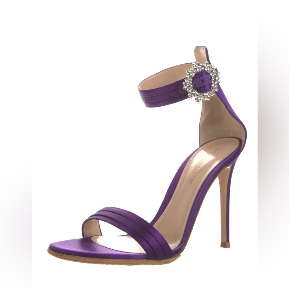 Gianvito Rossi Purple Satin Crystal Heels | Ankle Strap Sandals with Box